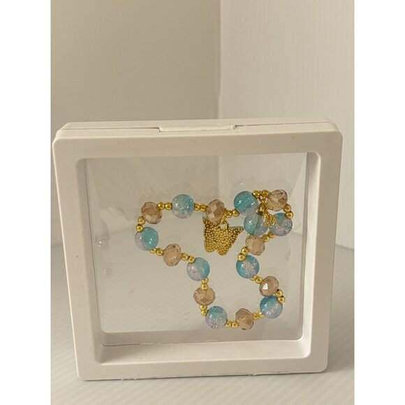 Blue & Gold Beaded Stretch Bracelet Butterfly Charm in 3D Floating Display Case - Picture 4 of 6